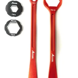 Profesionální ACCEL sada montážních pák na pneumatiky (23+24cm) ALU7075 kované s klíči 10,13,17,27,32 mm barva oranžová (montážní páka na pneu)