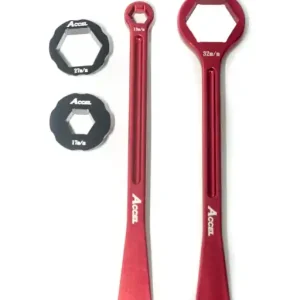 Exkluzivní ACCEL sada montážních pák na pneumatiky (23+24cm) ALU7075 kované s klíči 10,13,17,27,32 mm barva červená (montážní páka na pneu)