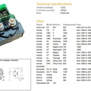 DZE startovací relé startéru HONDA CB 400F 89-90; CBR 600F 87-90; CBR1000F 89-91; VF 500/700/750 85-; XL 600V TRANSALP 87-99; XRV 650/750 AFRICA TWIN 88-89; KAWASAKI ZX10 88-90; ZX-11 90-01; KYMCO XCITIN 250/300/50 (35850-MK3-671) (150A) Výhodná Nabídka