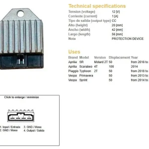 Aktuální DZE regulátor napětí APRILIA SR 50 18-22; 50 typHON 13-20; 100 typHON 14-; VESPA