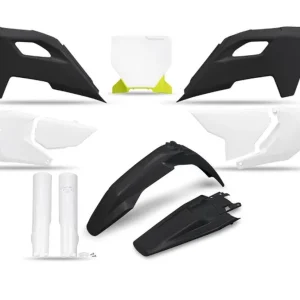 Autentický UFO 2025/11 kompletní sada plastů (FULL KIT) s kryty tlumičů HUSQVARNA TC 125 / 250 23-24, FC 250 / 350 / 450 23-24, FX 350 / 450 23-24, TX 300 24, barva černá / bílá