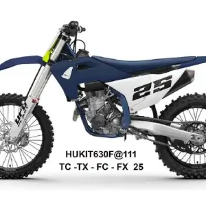 UFO 2025/11 kompletní sada plastů (FULL KIT) s kryty tlumičů HUSQVARNA TC 125 / 150 / 250 / 300 25-26, TX 300 25-26, FC 250 / 350 / 450 25-26, FX 350 / 450 25-26, barva tmavě modrá / bílá Hit Sezóny