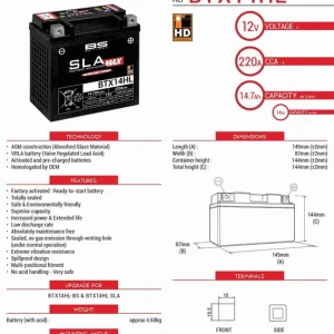 BS akumulátor BTX14HL MAX (FA) (YTX14L-BS) 12V 14AH 149X87X144 bezúdržbový - (zvýšený rozběhový proud) (220A) (4) - nahrazuje 300856 300882 Vrácení Zdarma