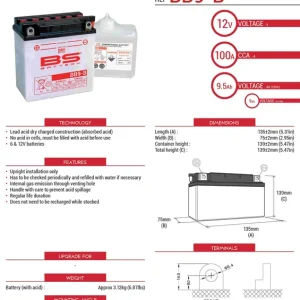BS akumulátor BB9-B (YB9-B) (12N9-4B-1) 12V 9AH 135X75X139 obsluhovaný - elektrolyt zvlášť (115A) (6) UE2019/1148 Značkový