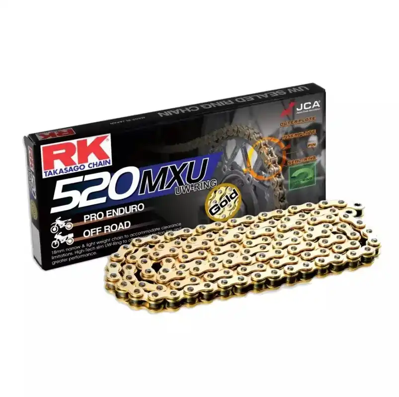 RK hnací řetěz (ENDURO) GB520MXU-120 (UW-RING) nýtovací spojka (CLF) v sadě barva zlatá (objem: do 500 ccm) (35,6 KN) Koupit Online