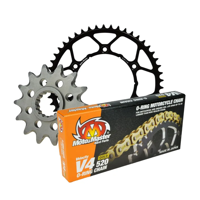 Hromadná Objednávka MOTO-MASTER řetězová sada kompletní KTM/HUSQVARNA/GASGAS 13/50/120 řetěz V4-520G O-kroužek GOLD - zlatá vyrobeno v Japonsku (M610121113+M620071150+M652002)