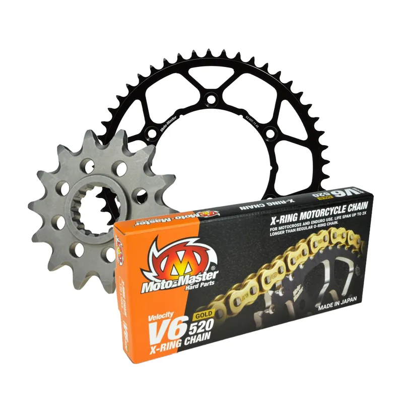 Bezpečná Platba MOTO-MASTER řetězová sada kompletní KTM/HUSQVARNA/GASGAS 13/50/120 řetěz V6-520G X-RING GOLD - zlatá vyrobeno v Japonsku (M610121113+M620071150+M652003)