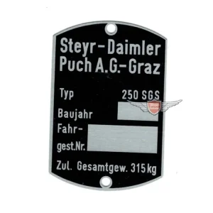 Prázdný výrobní štítek 60x40 mm pro Puch 250 SGS Celosvětová Doprava