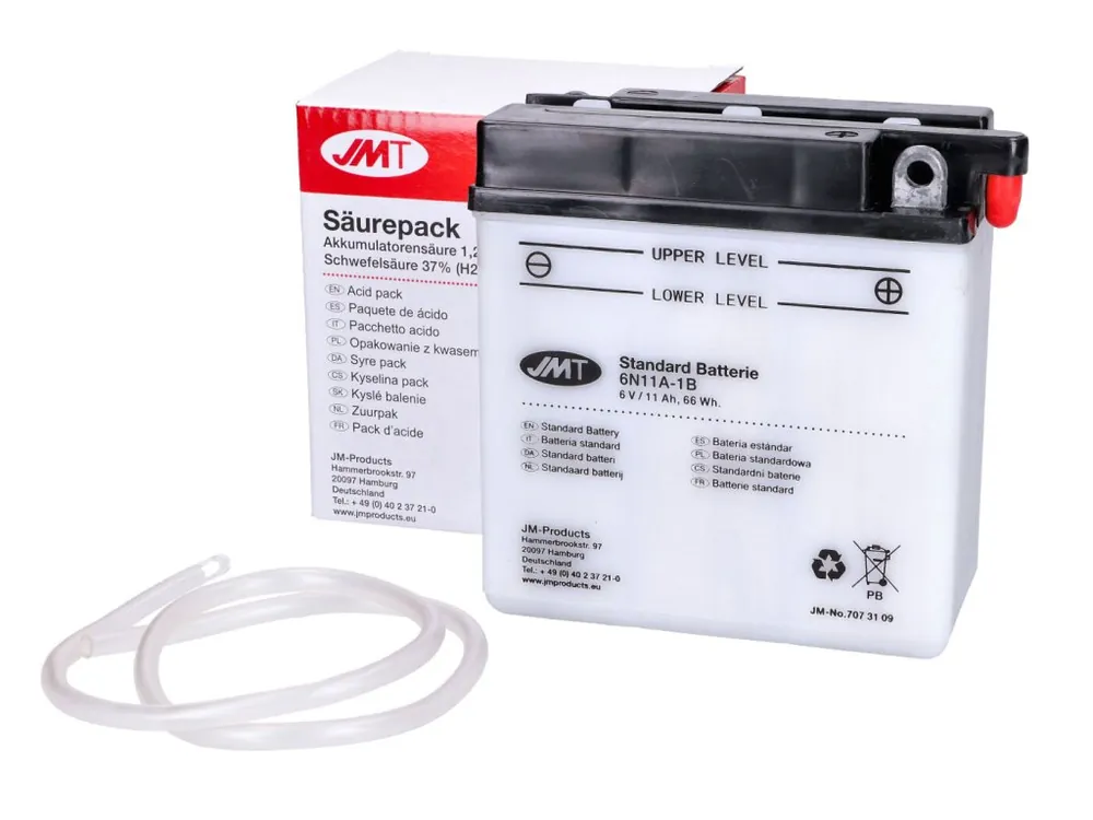 Baterie 6 Volt 11Ah včetně kyselinového balíčku pro Simson, BMW R 26, 27, Heinkel Tourist 101, 102, 103, 150, 175, Hercules K 125 BW, Motor Guzzi TS 250, MZ ES 300 Sleva
