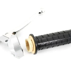 Kompletní plynová rukojeť stříbrná 22 mm 100 mm pro Hercules Prima M, Optima, Kreidler Florett, Flory MF, MP, Puch Maxi X, Monza, Zündapp Bergsteiger ZD, CS, CX, Hai, GTS, KS, C, KTM, DKW, Rixe Originální