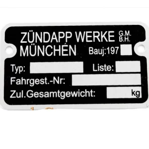 Profesionální Prázdný typový štítek z hliníku, 70. léta, pro Zündapp C, CS, CX, Hai, KS, GTS, M, ZD
