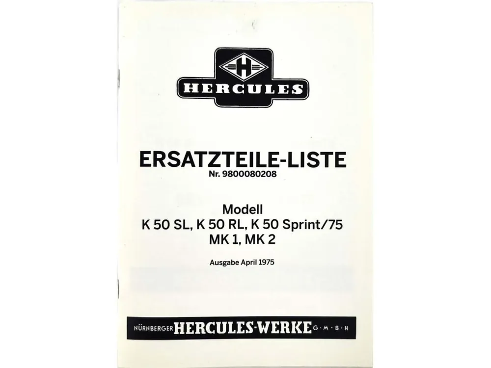 Novinka Seznam náhradních dílů, katalog dílů 1975 pro Hercules K 50 RL SL MK 1 MK 2 Sprint Moki