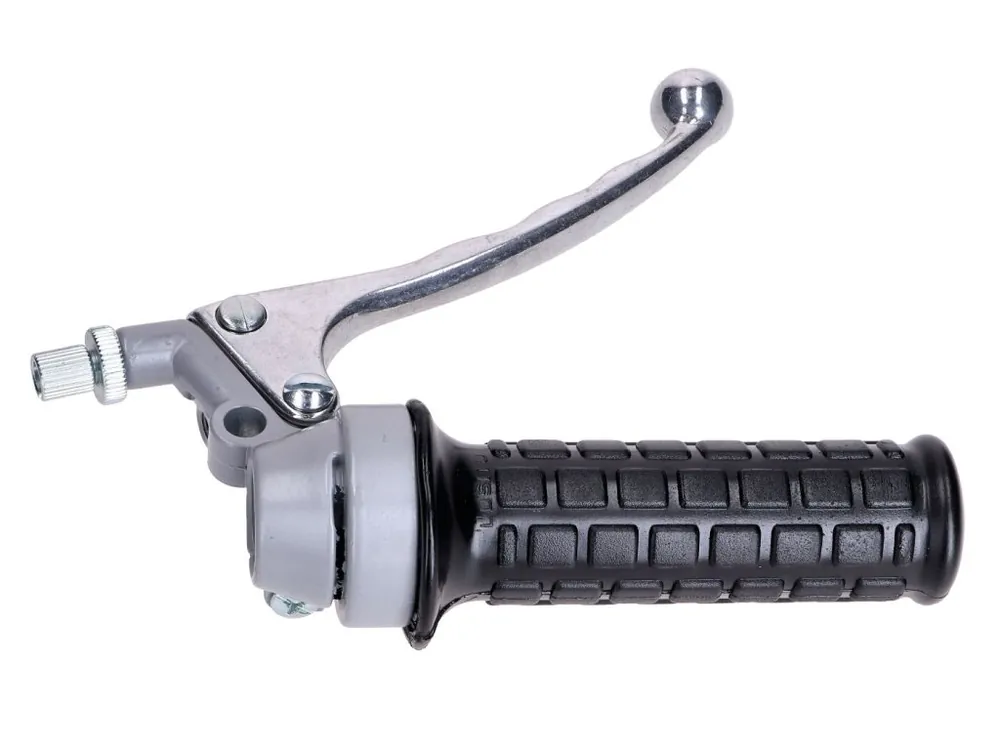 Plynová rukojeť v šedé barvě s černým gumovým gripem a brzdovou páčkou pro Zündapp, Kreidler Výprodej