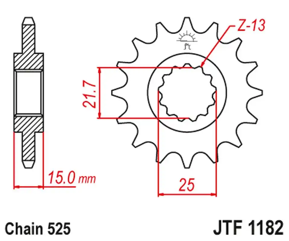 Autentický JT řetězové kolo přední 2082 13 TRIUMPH TT/DAYTONA/SPEED FOUR 600 00-05 DAYTONA 650 05, (208213JT) (řetěz 525)