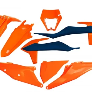 Moderní UFO kompletní sada plastů KTM EXC 125 20-21, EXC 250 / 300 TPI 20-23, EXC-F 250 / 350 / 450 / 500 20-23 s krytem světla barva 22 (oranžová/světle modrý)