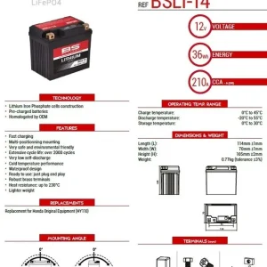 Prémiový BS akumulátor lithium-iontový s indikátorem nabití LIFEPO4 BSLI-14 (114X70X105) (210A,36WH,3AH) (4) HONDA CRF 1100 AFRICA TWIN 20-23 (HY110)