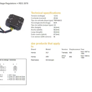Poslední Šance DZE regulátor napětí HONDA XL 600V 87-90; XRV 650 AFRICA TWIN 88-89 (SH538A), (RGU-144, ESR640), (31600-mm9-000) (31600-MS8-000)