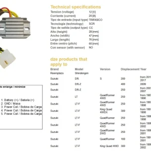 Nejlepší Cena DZE regulátor napětí SUZUKI LT-F 160 91-01; LT-F 250 QUADRUNNER 87-98; LT-F 300 KING QUAD 91-98; DR-Z 250 01-07; DR-Z 400 09 (SH572E-12) (ESR136)