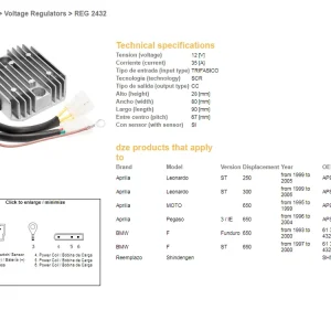 Luxusní DZE regulátor napětí BMW F 650F/ST 93-00; APRILIA 650 PEGASO 96-04; LEOnardo 250/300ST 99-05 (SH532B-12) (61312346432, AP8112941) (ESR962)