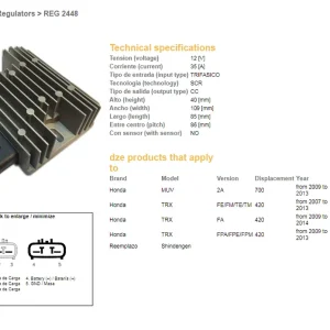 Akce DZE regulátor napětí HONDA TRX 420FE/FM/TE/TM 07-14; MUV 700 09-13 (35A) (31600-HP5-601) (SH753AA) (ESR318)