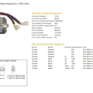 DZE regulátor napětí TRIUMPH DAYTONA 675 06-14; SPRINT 995/1050 99-14; STREET TRIPLE 675 07-14 (T1301234, T1304040, T1305123) (ESR536) Nakupujte Hned