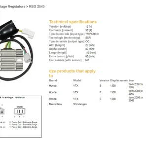 Kup Teď DZE regulátor napětí HONDA CB 900F HORNET 04-07; VTX 1300S/R/C 05-09 (31600-MEA-741)(35A)(ESR437)