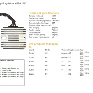 DZE regulátor napětí SUZUKI AN 250 BURGMAN 98-02; AN 400 BURGMAN 99-02; SV 650 99-02; DR 650RSE 91-96; DR 750S 88-89; DR 800S 90-95 (32800-34A00, 32800-14F00) 12V35A Zlevněný
