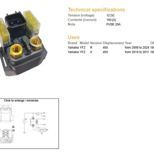 DZE startovací relé startéru YAMAHA YFZ 450R 09-24; YFZ 450X 10-11 (12V/150A) Dokud Zásoby Vydrží